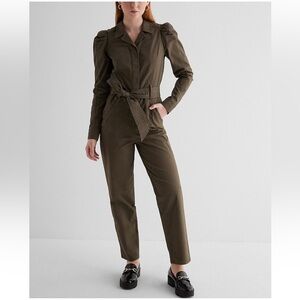 NWT Express Puff Sleeve Tie Waist Chino Jumpsuit